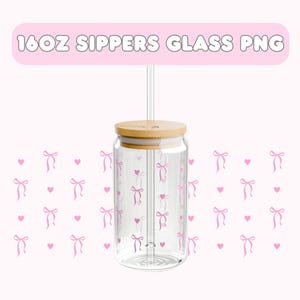 Envoltura de lata de vidrio con corazones y lazos rosados femeninos PNG, diseño de taza de vidrio de 16 oz, descarga digital, envoltura estética para taza de café, PNG de sublimación