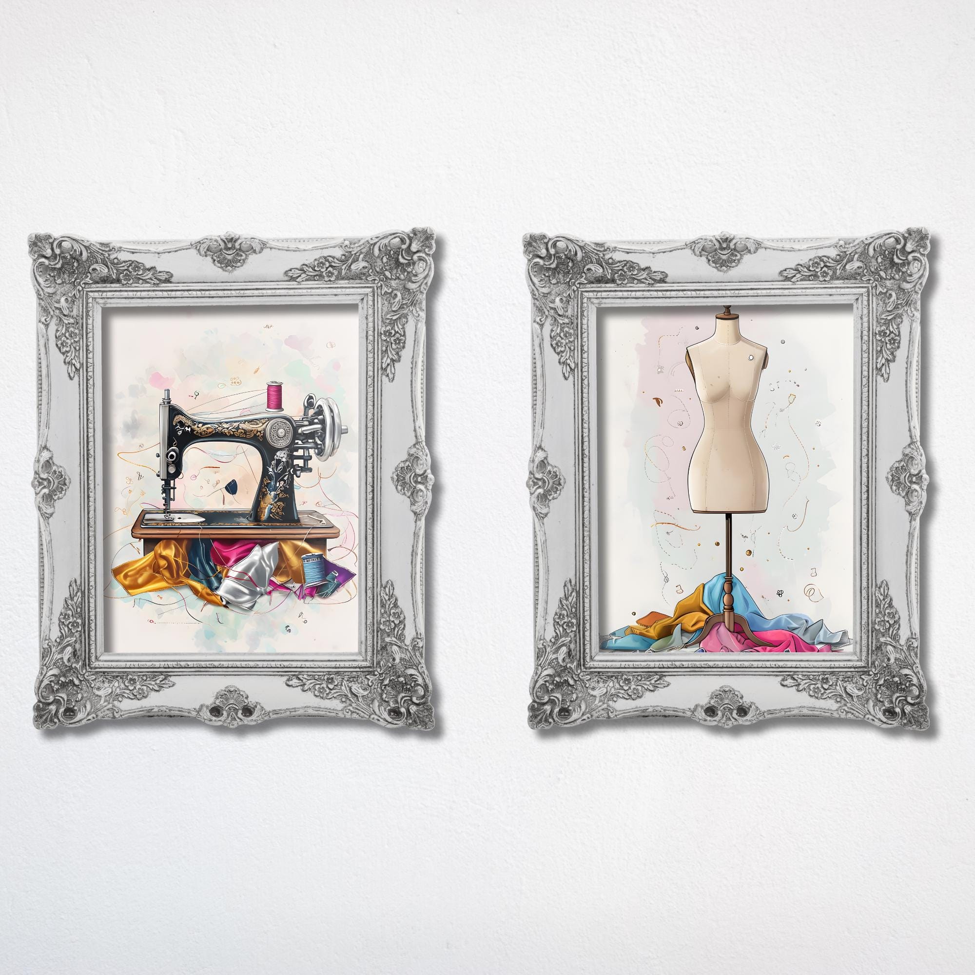 Sweing Machine Dress Vintage Sewing Room Decor: Watercolor Sewing Machine & Dress Form ...