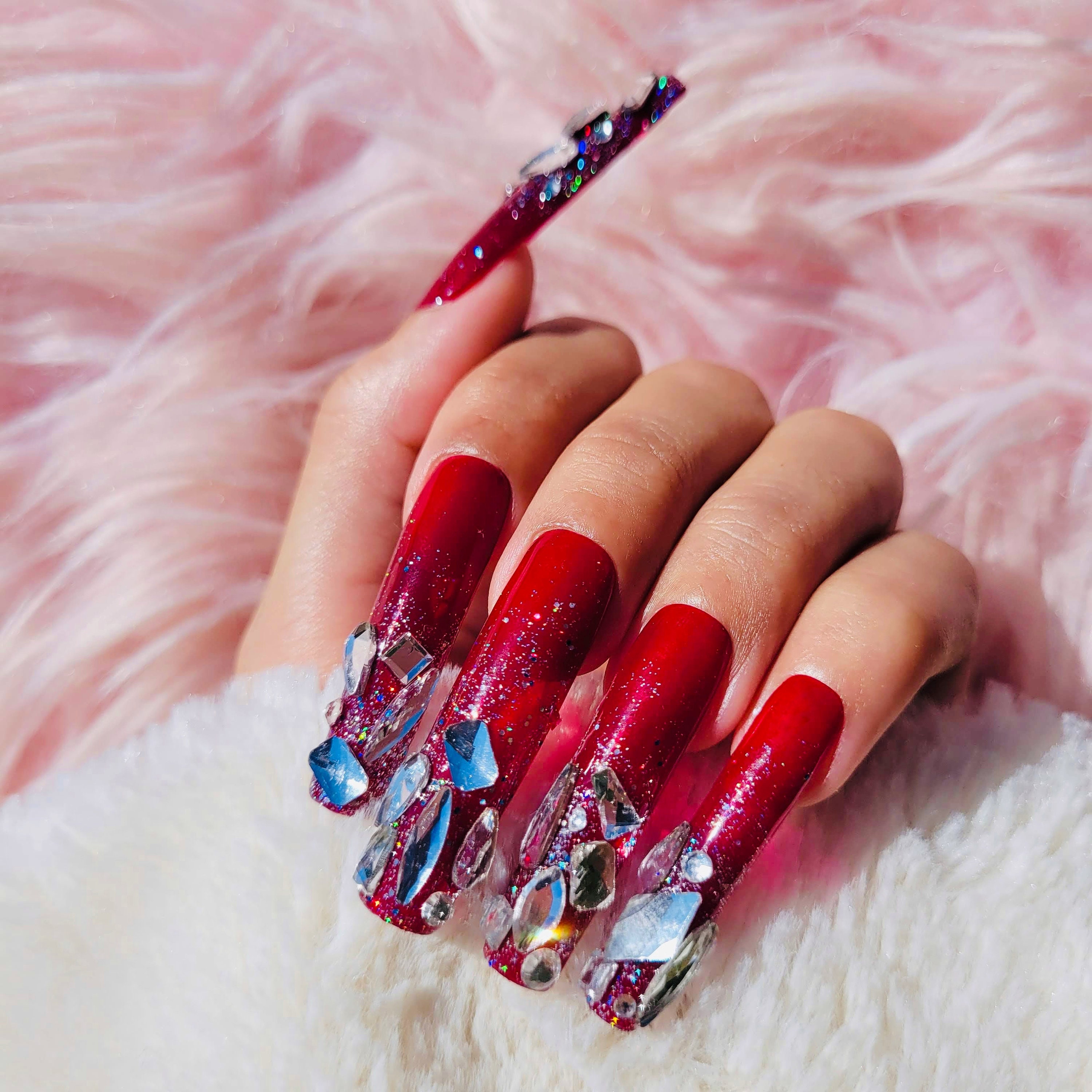  CoolNail Luxury 3D Sexy Red Rhinestones Extra Long Sharp  Stiletto False Nails Tips Pointed Stilettos Press On Fingers Nails Full  Cover : Beauty & Personal Care