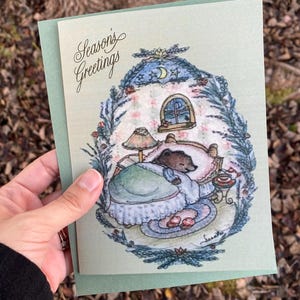 Little Bear Cozy Snuggled in bed Vintage Greeting Card: Blank Card-available in 5x7 and adorable little Minis