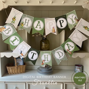 NUR Turtle and Friends: Geburtstagsbanner | Druckbare Tier Party Dekorationen | Schildkröten | DIGITAL Download | Vichy Karo grün |  15-seitiges PDF