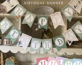 Custom Little Bear Party Banner - Physical Handmade Birthday Decorations - Blue Sage Pink Strawberry Gingham - Personalized Storybook Theme