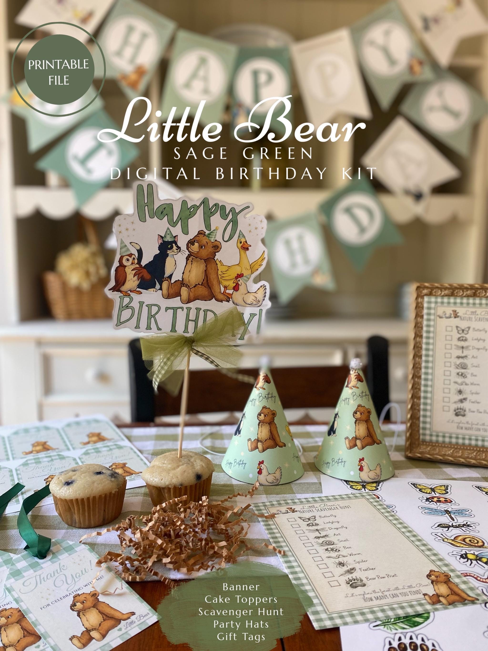 Little Bear Birthday Party Pack Bundle | Sage Green | Printable Banner ...