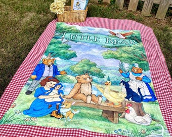Storybook Bear and Friends Picnic Blanket | Polyester Fleece | 30x40 Lightweight and Thin | Travel Throw | Nostalgic Storybook Gift for kids