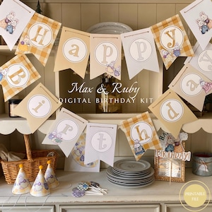 May include: A 'Happy Birthday' banner with alternating tan and yellow gingham flags, featuring the text 'Max & Ruby DIGITAL BIRTHDAY KIT'. The scene includes party hats, plates, and a cake topper with the words 'Happy Birthday'.