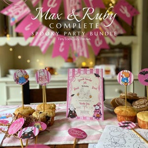 Peut inclure: Un ensemble de fête sur le thème Max & Ruby comprenant une bannière à rayures roses et blanches, des décorations pour cupcakes avec des illustrations de personnages, une invitation d'anniversaire avec texte et une feuille de coloriage.