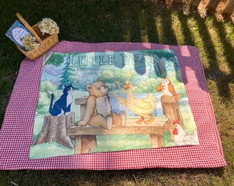 Storybook Bear and Friends Picnic Blanket | Polyester Fleece | 30x40 Lightweight and Thin | Travel Throw | Nostalgic Storybook Gift for kids