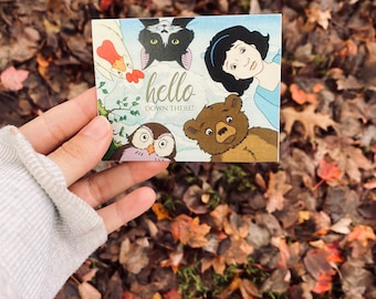 Bear & Friends Vintage Greeting Card | Hello Down there | 5x7 or Adorable Minis | Blank Inside | Choose Envelope Color | Bear, Owl, Hen, Cat