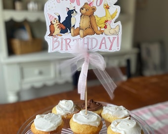 Vintage Bear and Friends: Party Cake Topper | Printable Animal Party Decorations | Bear | Digital Download | Pink and Blue | PNG and PDF