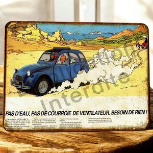 Vintage Tintin Citroen 2CV blue metal sign