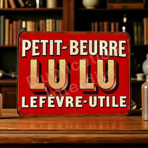 Peut inclure: Une enseigne métallique rouge rectangulaire avec les mots "PETIT-BEURRE LULU LEFÈVRE-UTILE" en lettres blanches et dorées. L'enseigne est affichée sur une surface en bois, avec deux petites bouteilles de chaque côté.