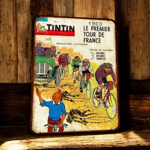 Vintage metal plaque Tintin and the first Tour de France