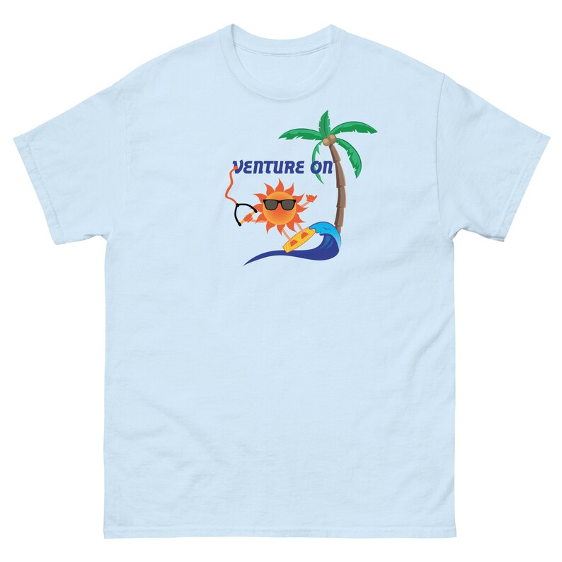 May include: Light blue t-shirt featuring a cartoon sun wearing sunglasses and riding a surfboard. The sun is holding a pair of sunglasses in one hand. The text "Venture On" is above the sun. A palm tree is behind the sun.