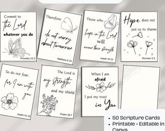 Carte con versetti biblici stampabili | 50 carte con Scritture per ansia e pace | Carte con affermazioni cristiane | Modello Canva modificabile | Regalo per lo studio della Bibbia