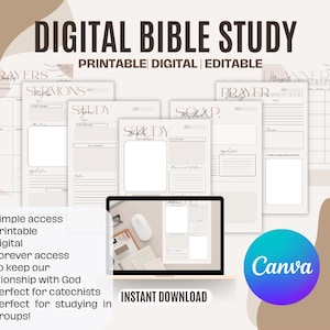 Könnte beinhalten: Digitales Bibelstudium zum Ausdrucken mit einem Laptop, der eine Studierseite anzeigt. Das Bild zeigt verschiedene Studienvorlagen, darunter Gebets- und Predigtseiten. Der Text enthält "Digital Bible Study", "Printable" und "Instant Download".
