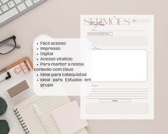 May include: A beige notebook with the title "SERMÕES" and the word "Notas" in a handwritten font. The notebook has a blank rectangular space for notes and lines for writing. A list of features is visible on the left side of the image.