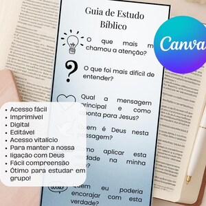 Pode incluir: Um guia de estudo bíblico em português, intitulado "Guia de Estudo Bíblico", com perguntas e sugestões para reflexão. O guia está ao lado de um livro aberto e de uma caneta. Um logotipo da Canva é visível. O texto adicional inclui "Acesso fácil", "Imprimível".