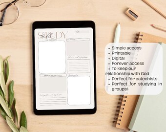 May include: A digital study guide displayed on a black tablet. The guide features sections for key highlights, key message, themes and doctrines, experiences and significance, community, and application. The text on the tablet reads "Study".