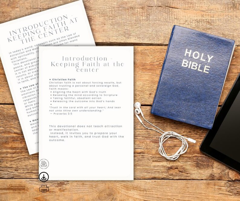 K&ouml;nnte beinhalten: Eine blaue Hardcover-Bibel neben einem Tablet und wei&szlig;en Ohrh&ouml;rern. Zwei wei&szlig;e Brosch&uuml;ren mit dem Titel "Introduction - Keeping Faith at the Center" liegen auf einer Holzoberfl&auml;che.