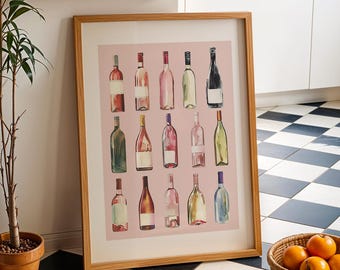 Wine Print – Pastel Bottles Illustration, Boho Wall Art