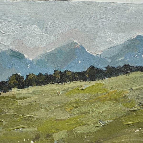 Pequeña obra de arte de pradera de montaña pintada a mano