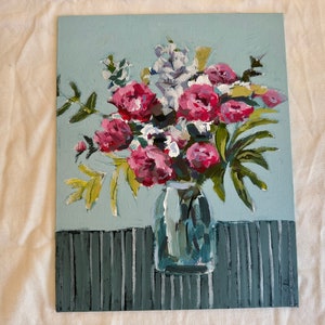 Hand painted Floral on Canvas Board 8x10 pink and blue