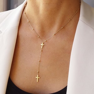 Collier chapelet double croix dorée et acier inoxydable image 1