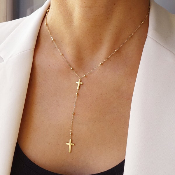 Collier chapelet double croix dorée et acier inoxydable
