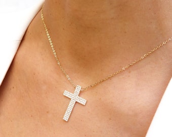 Collier croix avec brillants doré ou argenté, chaîne en acier inoxydable et brillants, bijou femme, collier fin