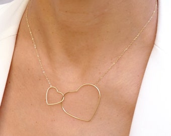 Collier double coeur doré fin, chaîne en acier inoxydable, idée cadeau, bijou femme, collier fin