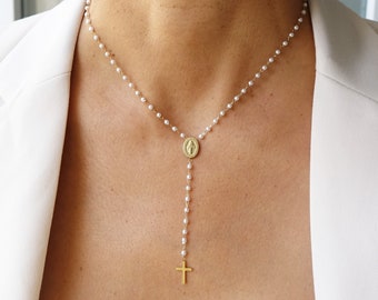 Collier chapelet croix et madone dorée et perles nacrées - acier inoxydable