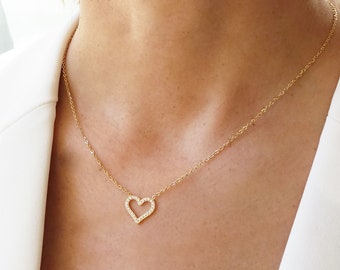 Collier coeur fin or ou argenté avec petits brillants, en acier inoxydable