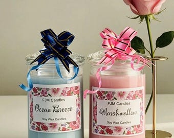 May include: Two glass jar candles with lids, one filled with light blue wax labeled Ocean Breeze and one with light pink wax labeled Marshmallow. Both feature floral labels, FJM Candles branding, and decorative bows in matching blue and pink.