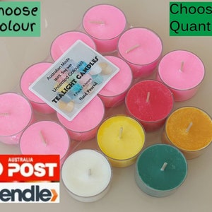 May include: A pack of 12 unscented tealight candles in various colours, including pink, red, yellow, orange, green, and white. The candles are made from 100% soy wax and are hand-poured. The packaging includes the text "Australian Made", "100% Soy Wax", "Uncented Coloured", "Tealight Candles", "8 Pack/4 hours", and "Hand Poured".