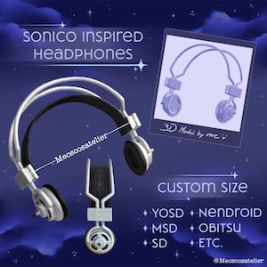 May include: Silver and black headphones inspired by the character Sonico. The headphones have a custom size option for various dolls, including YOSD, Nendroid, MSD, Obitsu, SD, and others.