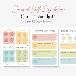 Zonas de autorregulación - Hojas de trabajo de sentimientos - Bienestar de los niños - Tarjetas didácticas imprimibles - Actividad consciente - Salud mental de los niños