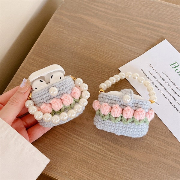 Pearl Strap Crochet Tulip Chain AirPods Case, Cute Little Flower Case for AirPods, Cute Tulip AirPods, Knitted Flower AirPods Case