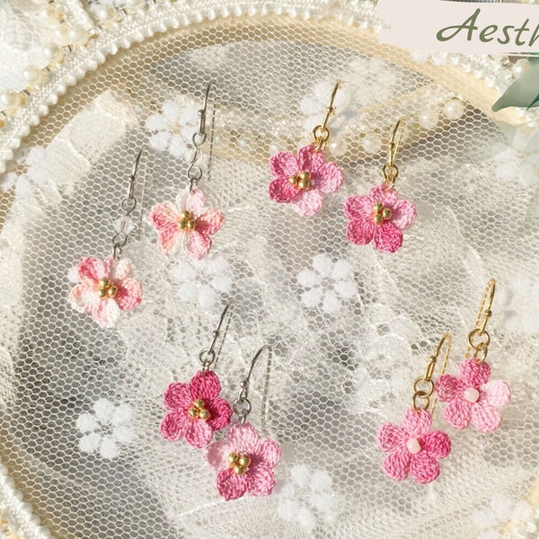 Handmade crochet Sakura flower dangle earrings, Handmade cherry blossom studs/clip on dangle earrings, Japanese Chinese earrings