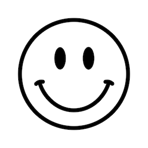 Könnte beinhalten: Ein schwarz-weißes Smiley mit einem einfachen Design. Das Gesicht hat zwei Augen und einen geschwungenen Mund.