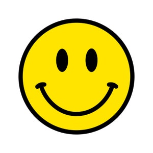 Puede incluir: Una cara sonriente amarilla con un contorno negro y ojos negros. La cara sonriente sonríe con una boca ancha y negra.