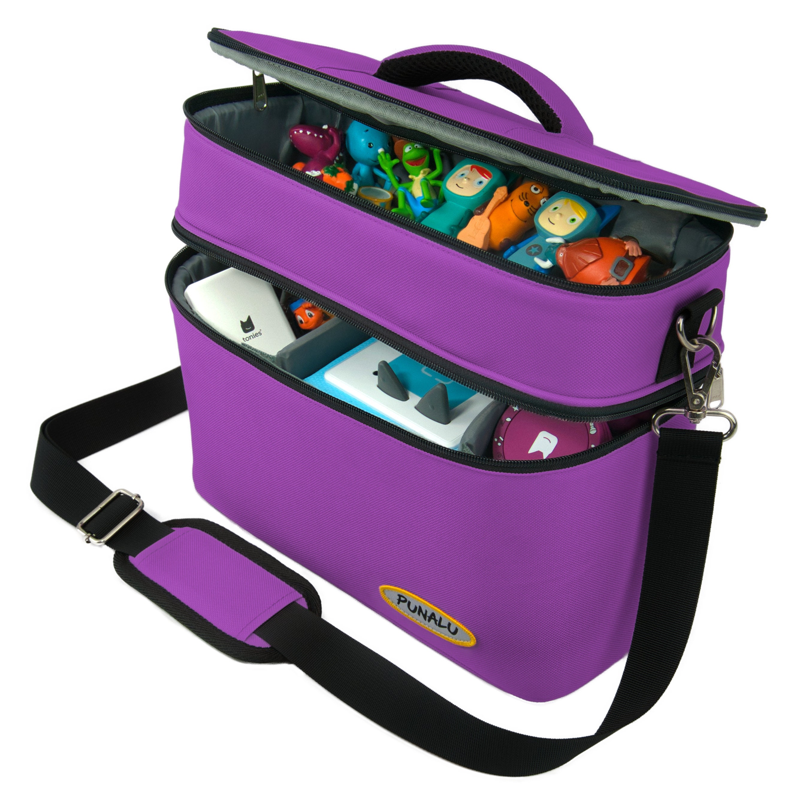 PUNALU Grand Sac De Transport Pour Toniebox – 68 Figurines – 2 Compartiments – Imperméable – Bandoulière Réglable – Gris