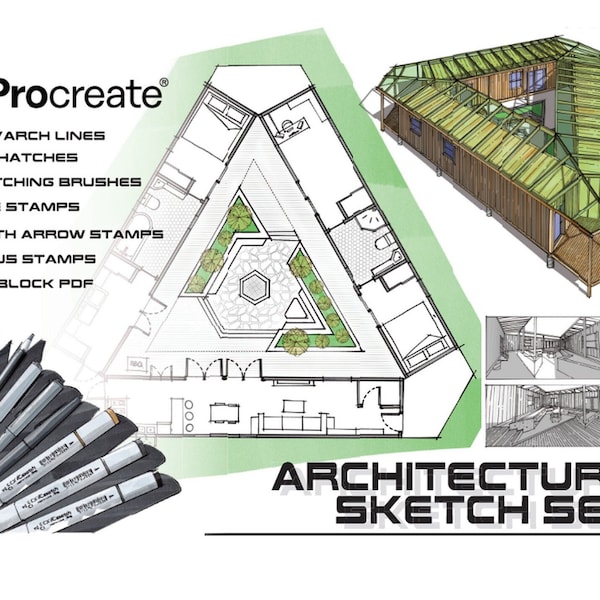 Architektur und Lageplan Pinselset für Procreate. Copic Style Alkohol Marker, Skizzenstifte, CAD Blöcke, Stempel.