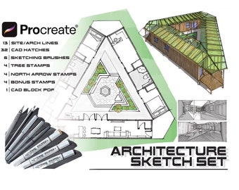 Architectuur en plattegrond Sketch Tool penselenset voor Procreate. Copic Style Alcoholmarkers, Schetspennen, CAD-blokken, Stempels.