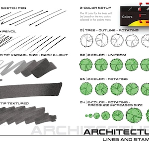 May include: A guide to drawing lines and stamps for architecture. The guide shows different types of lines and stamps, including fine tip sketch pen, sketch pencil, 2-broad tip variable size, wide tip, broad tip textured, and 2-color tree stamps. The guide also includes a 2-color setup section with instructions on how to use the 2-color feature.