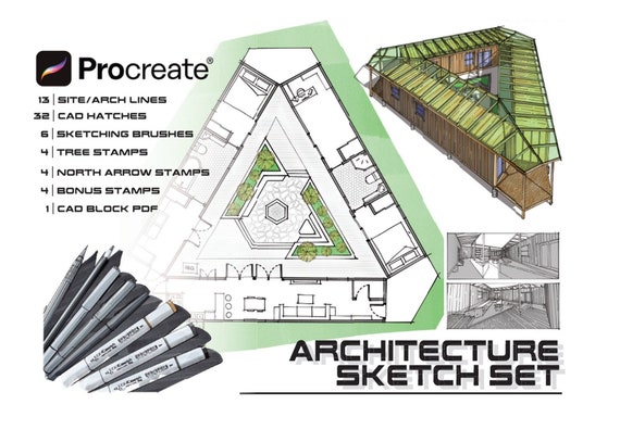 Architecture and Site plan Sketch Tool brush set for Procreate. Copic Style Alcohol Markers, Sketch pens, CAD blocks, Stamps.