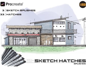 Architecture Sketch Hatch Set - Architecture brush set for Procreate. Copic Style Alcohol Markers, Sketch pens, CAD blocks