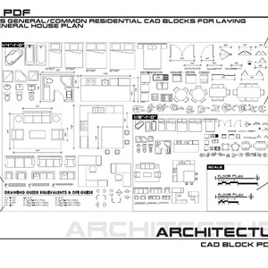 May include: A black and white line drawing of common residential CAD blocks for laying out a general house plan. The drawing includes furniture, appliances, and fixtures. The drawing is labeled "11 x 17 PDF" and "CAD BLOCK PDF | 05".