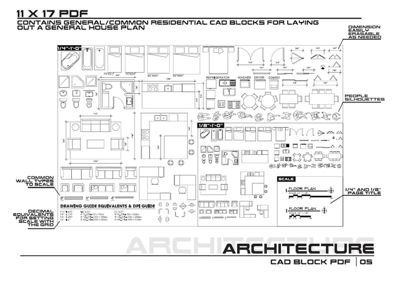 May include: A black and white line drawing of common residential CAD blocks for laying out a general house plan. The drawing includes furniture, appliances, and fixtures. The drawing is labeled "11 x 17 PDF" and "CAD BLOCK PDF | 05".