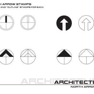 May include: A set of black and white north arrow stamps for architectural drawings. The stamps include filled and outline versions of a single arrow, a double arrow, and a triangle arrow.