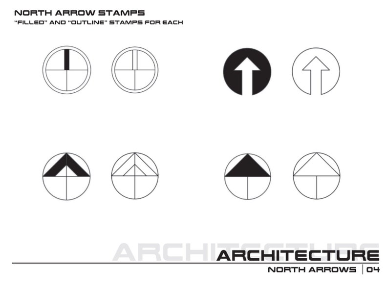 May include: A set of black and white north arrow stamps for architectural drawings. The stamps include filled and outline versions of a single arrow, a double arrow, and a triangle arrow.
